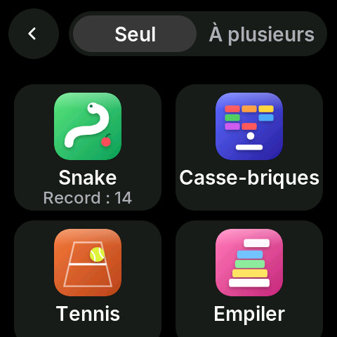 Jeux, seul : Snake, Casse-briques, Tennis, Empiler