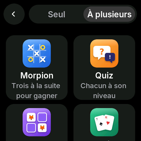 Jeux, à plusieurs : Morpion, Quiz, Memory, Uno